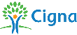 Cigna logo with grey checked background and blue/green writing